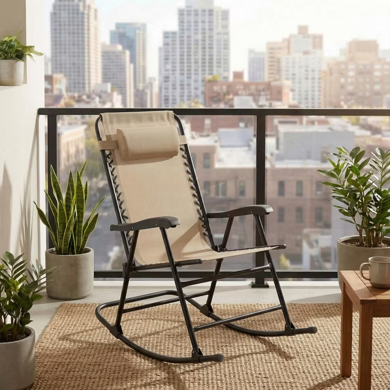 Set of 2 Folding Rocking Chairs with Headrest, Khaki Outdoor Patio Chairs, Comfortable Design, Steel Frame, Breathable Fabric