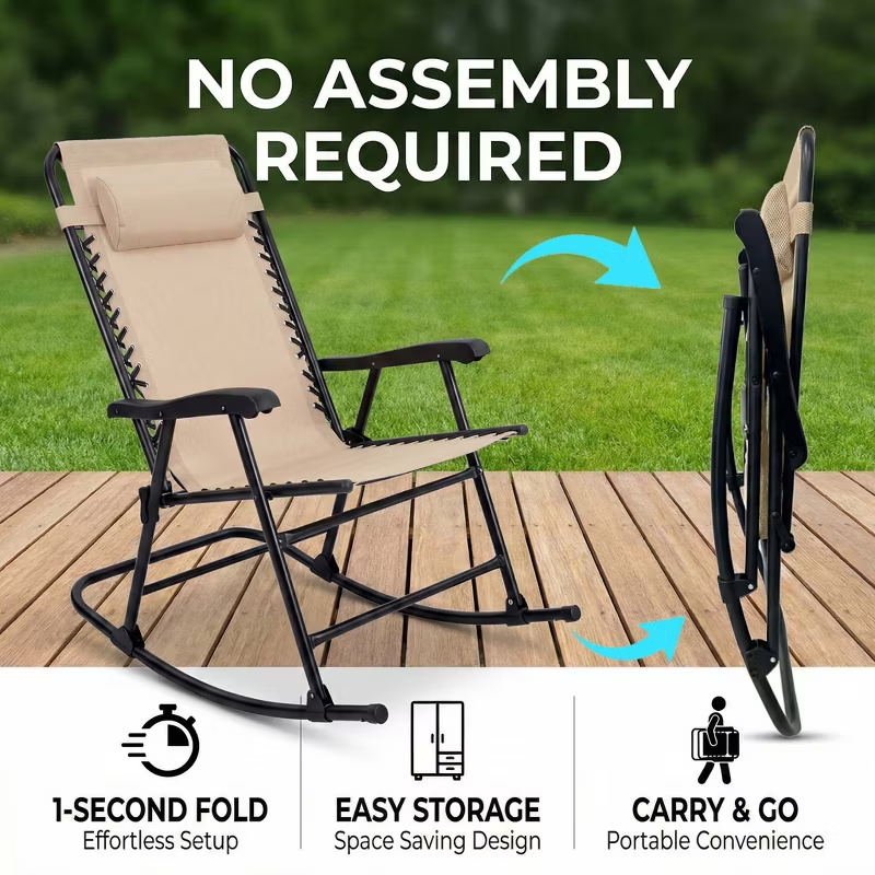 Set of 2 Folding Rocking Chairs with Headrest, Khaki Outdoor Patio Chairs, Comfortable Design, Steel Frame, Breathable Fabric