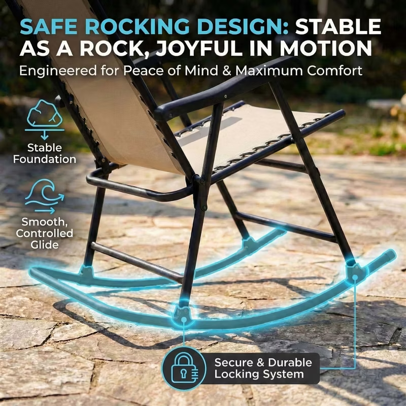 Set of 2 Folding Rocking Chairs with Headrest, Khaki Outdoor Patio Chairs, Comfortable Design, Steel Frame, Breathable Fabric