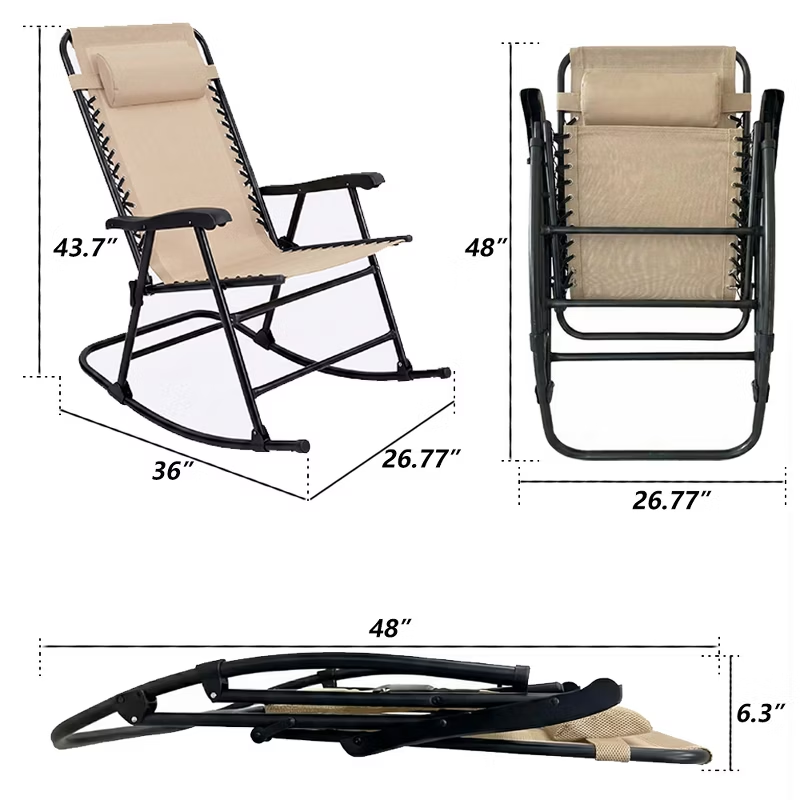 Set of 2 Folding Rocking Chairs with Headrest, Khaki Outdoor Patio Chairs, Comfortable Design, Steel Frame, Breathable Fabric
