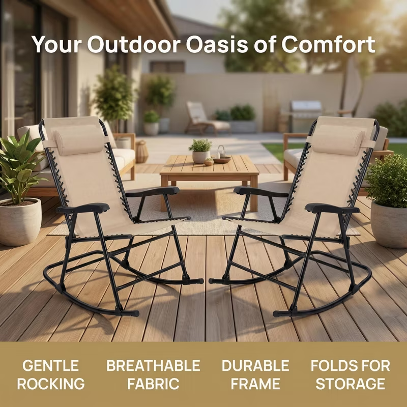 Set of 2 Folding Rocking Chairs with Headrest, Khaki Outdoor Patio Chairs, Comfortable Design, Steel Frame, Breathable Fabric