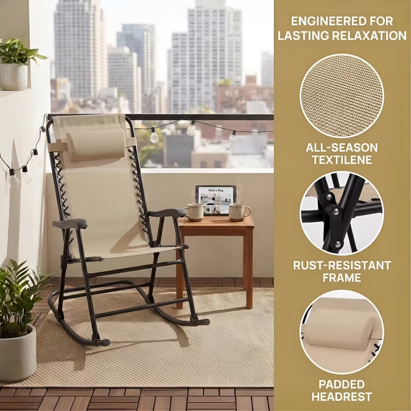 Set of 2 Folding Rocking Chairs with Headrest, Khaki Outdoor Patio Chairs, Comfortable Design, Steel Frame, Breathable Fabric