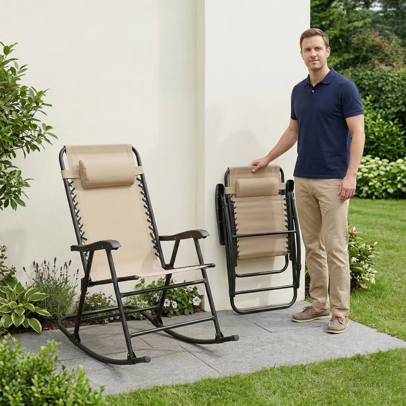 Set of 2 Folding Rocking Chairs with Headrest, Khaki Outdoor Patio Chairs, Comfortable Design, Steel Frame, Breathable Fabric