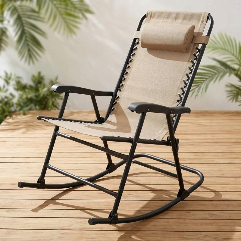 Set of 2 Folding Rocking Chairs with Headrest, Khaki Outdoor Patio Chairs, Comfortable Design, Steel Frame, Breathable Fabric