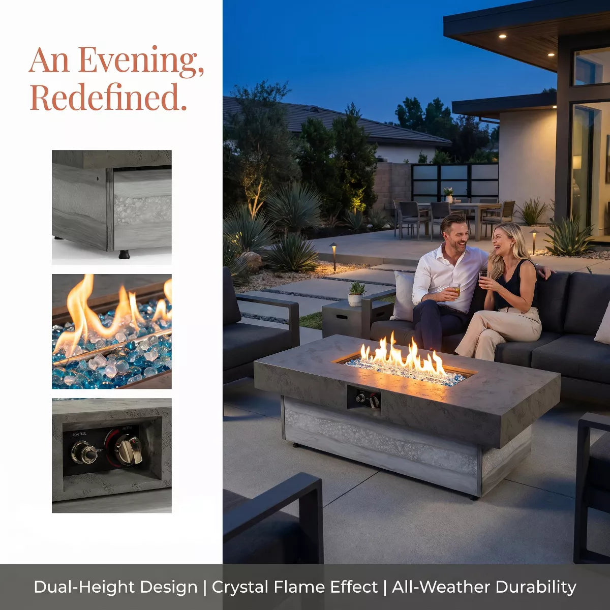 Rectangle Gas Fire Pit Table with Adjustable Height, 50,000 BTU Propane Patio Heater