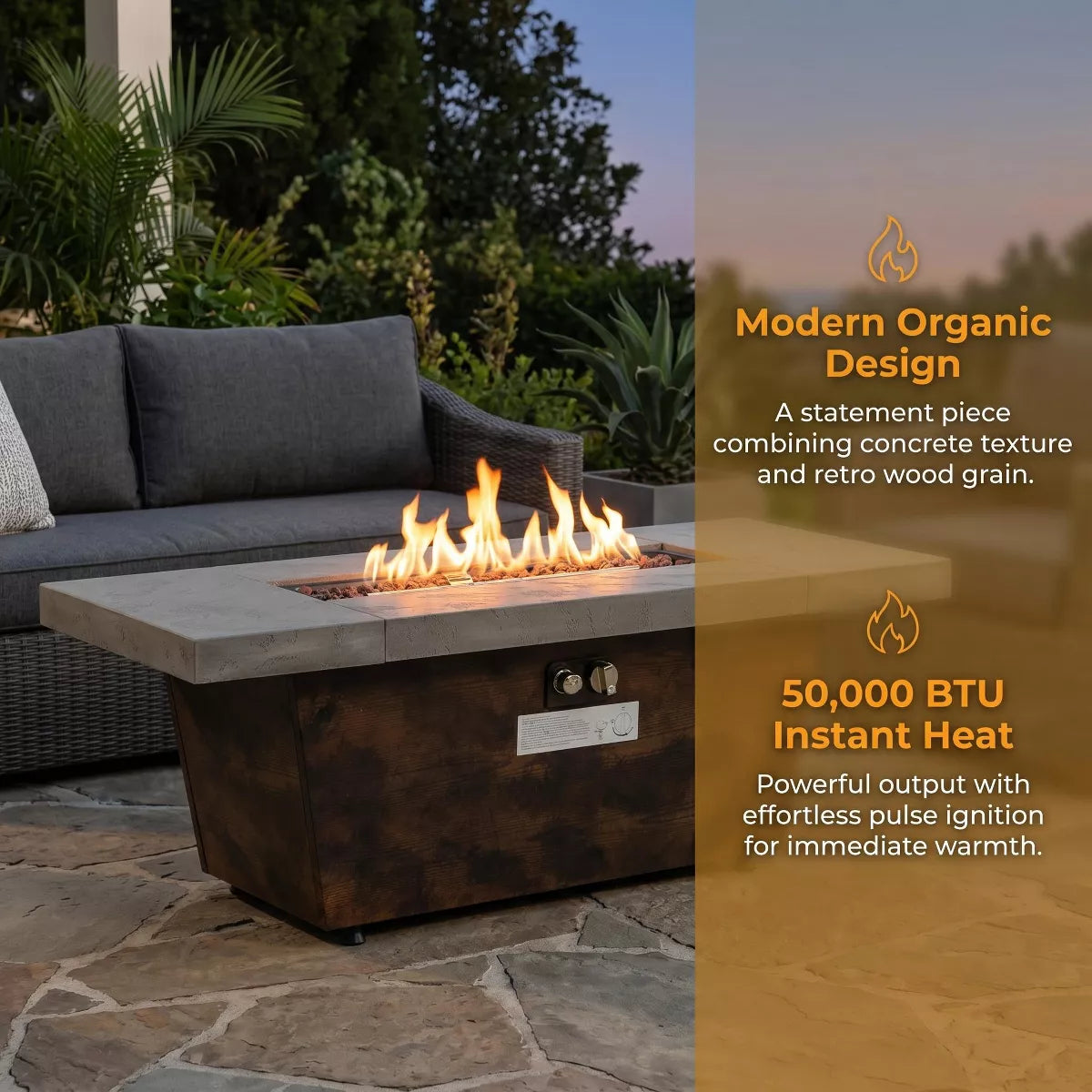Rectangular Gas Fire Pit Table with 50,000 BTU Heat and Convertible Coffee Table Design