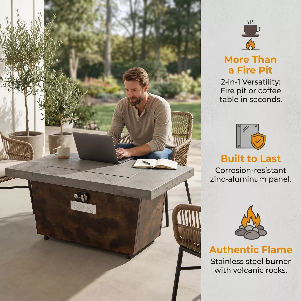 Rectangular Gas Fire Pit Table with 50,000 BTU Heat and Convertible Coffee Table Design