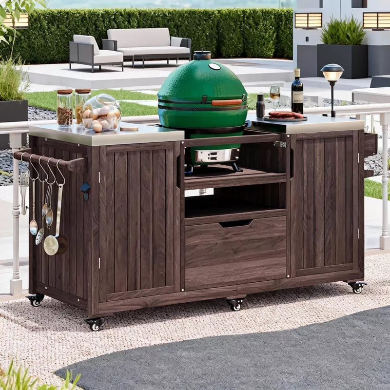 Outdoor Kitchen Island: Solid Wood Grill Cart with Stainless Steel Top