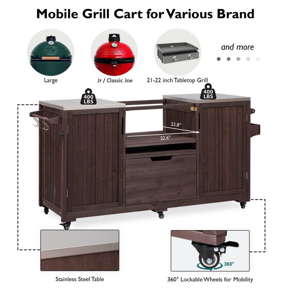 Outdoor Kitchen Island: Solid Wood Grill Cart with Stainless Steel Top
