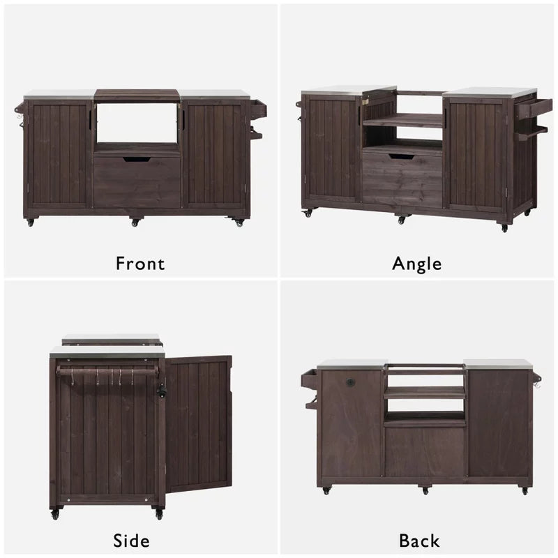 Outdoor Kitchen Island: Solid Wood Grill Cart with Stainless Steel Top