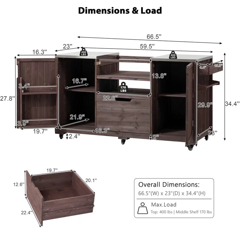 Outdoor Kitchen Island: Solid Wood Grill Cart with Stainless Steel Top