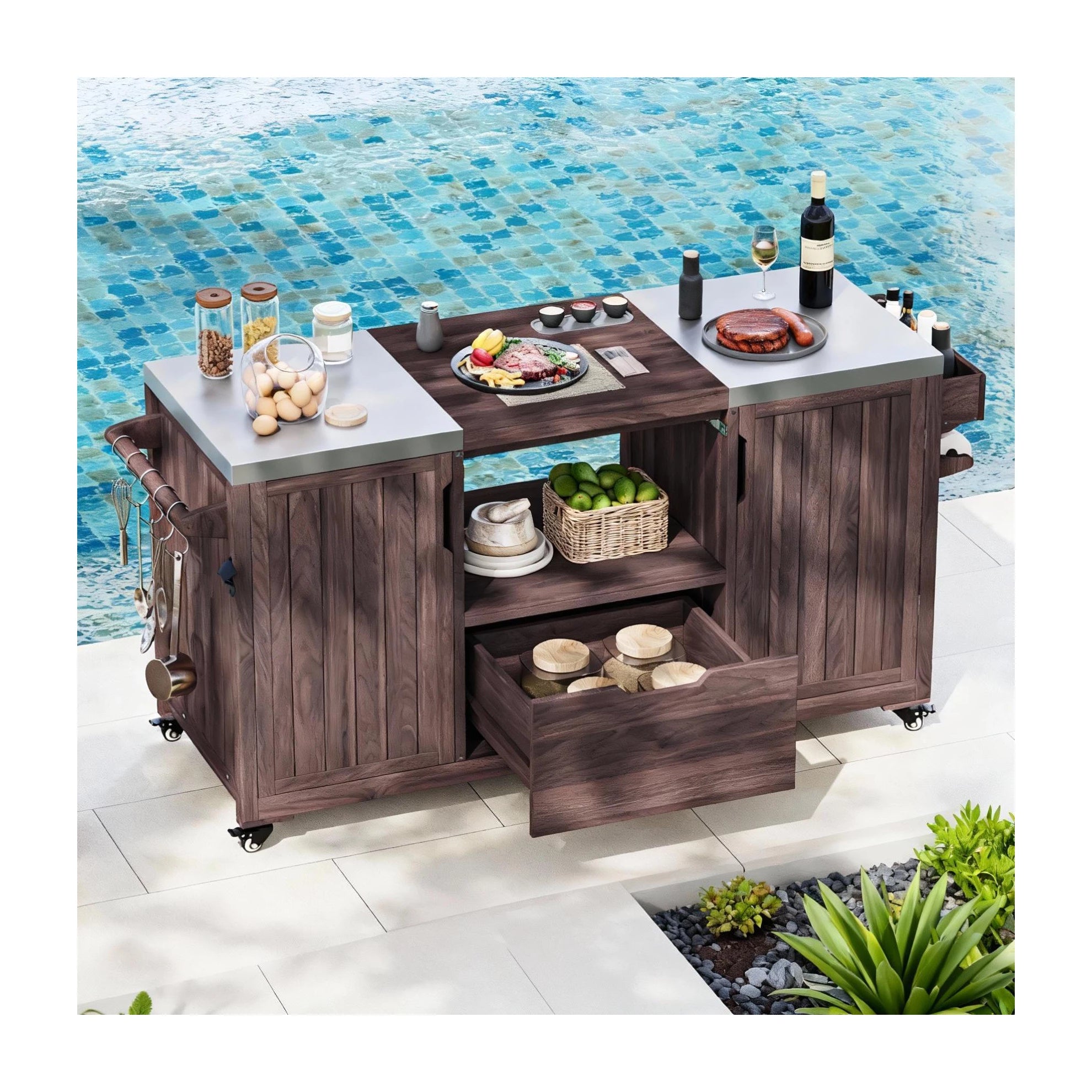 Outdoor Kitchen Island: Solid Wood Grill Cart with Stainless Steel Top