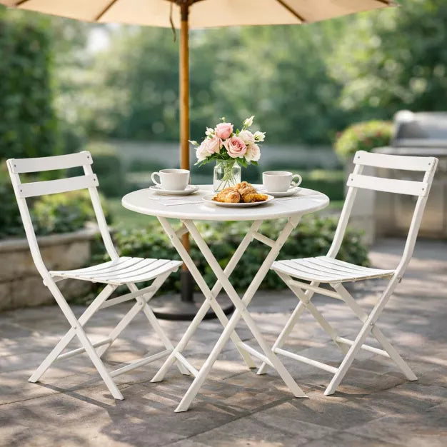 3 Pcs Folding Patio Bistro Set – Space-Saving Outdoor Metal Table and Chairs