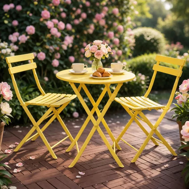 3 Pcs Folding Patio Bistro Set – Space-Saving Outdoor Metal Table and Chairs