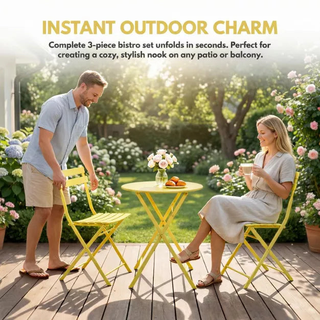 3 Pcs Folding Patio Bistro Set – Space-Saving Outdoor Metal Table and Chairs