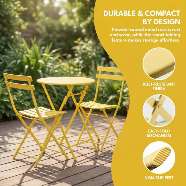 3 Pcs Folding Patio Bistro Set – Space-Saving Outdoor Metal Table and Chairs