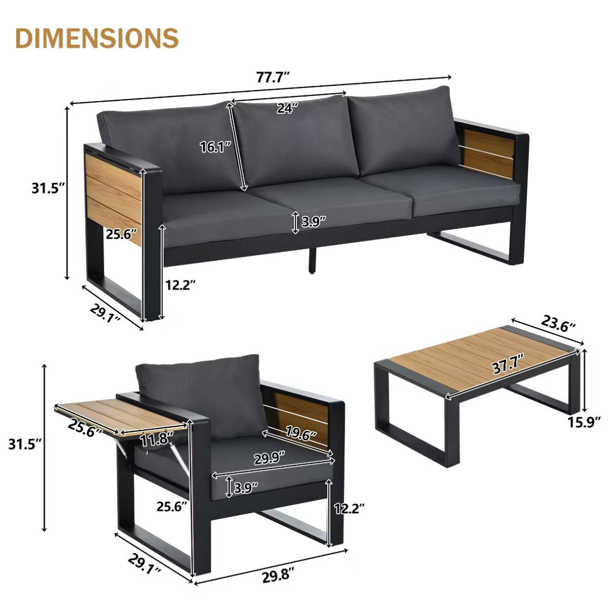 Aluminum Patio Conversation Set with Fold-Out Side Tables, 5-Person Outdoor Lounge