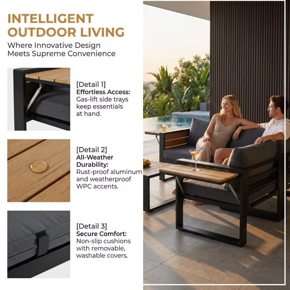 Aluminum Patio Conversation Set with Fold-Out Side Tables, 5-Person Outdoor Lounge