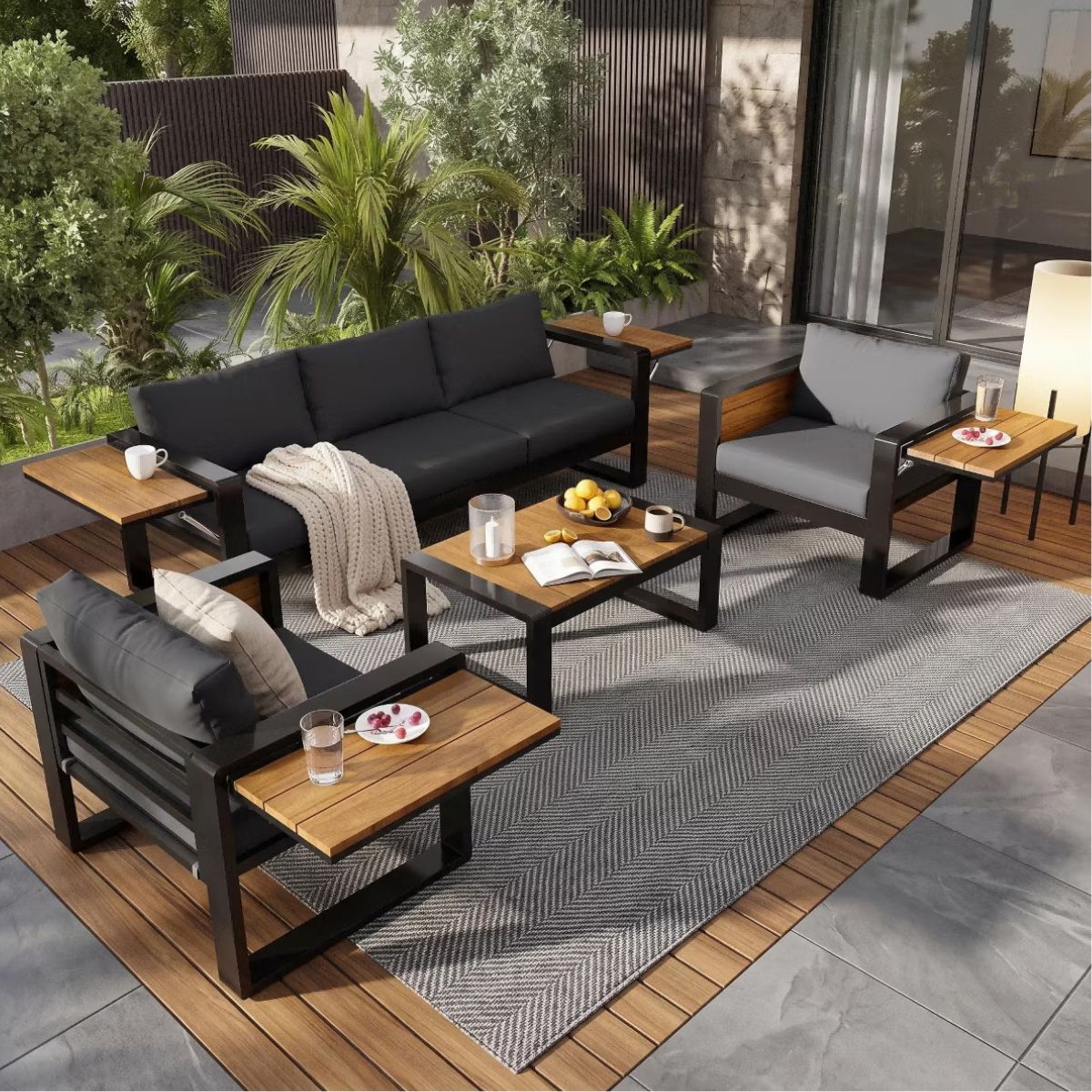 Aluminum Patio Conversation Set with Fold-Out Side Tables, 5-Person Outdoor Lounge