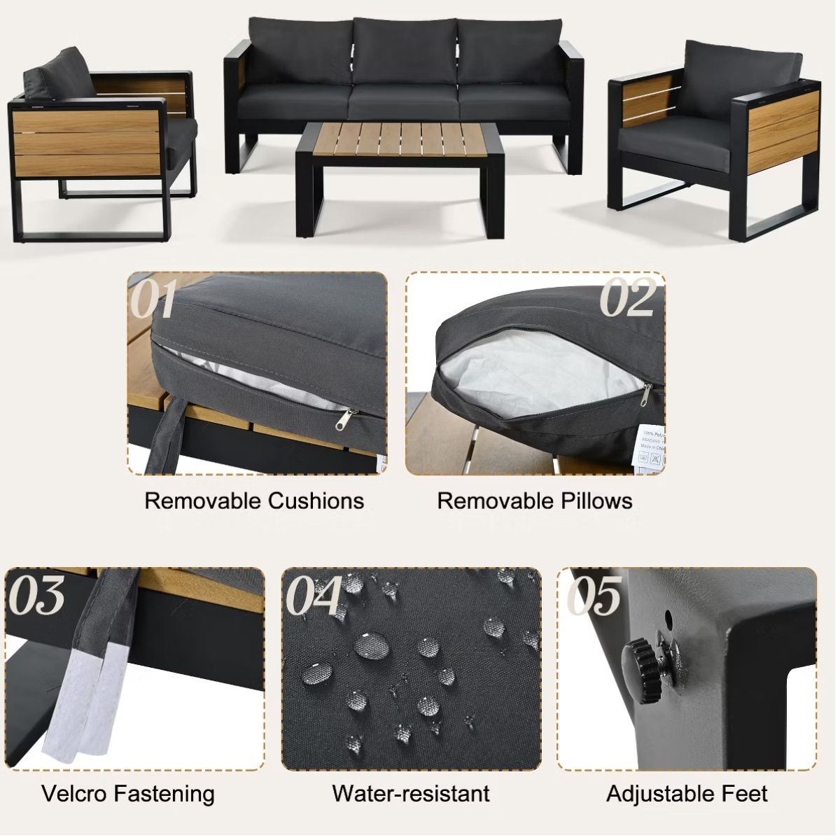 Aluminum Patio Conversation Set with Fold-Out Side Tables, 5-Person Outdoor Lounge