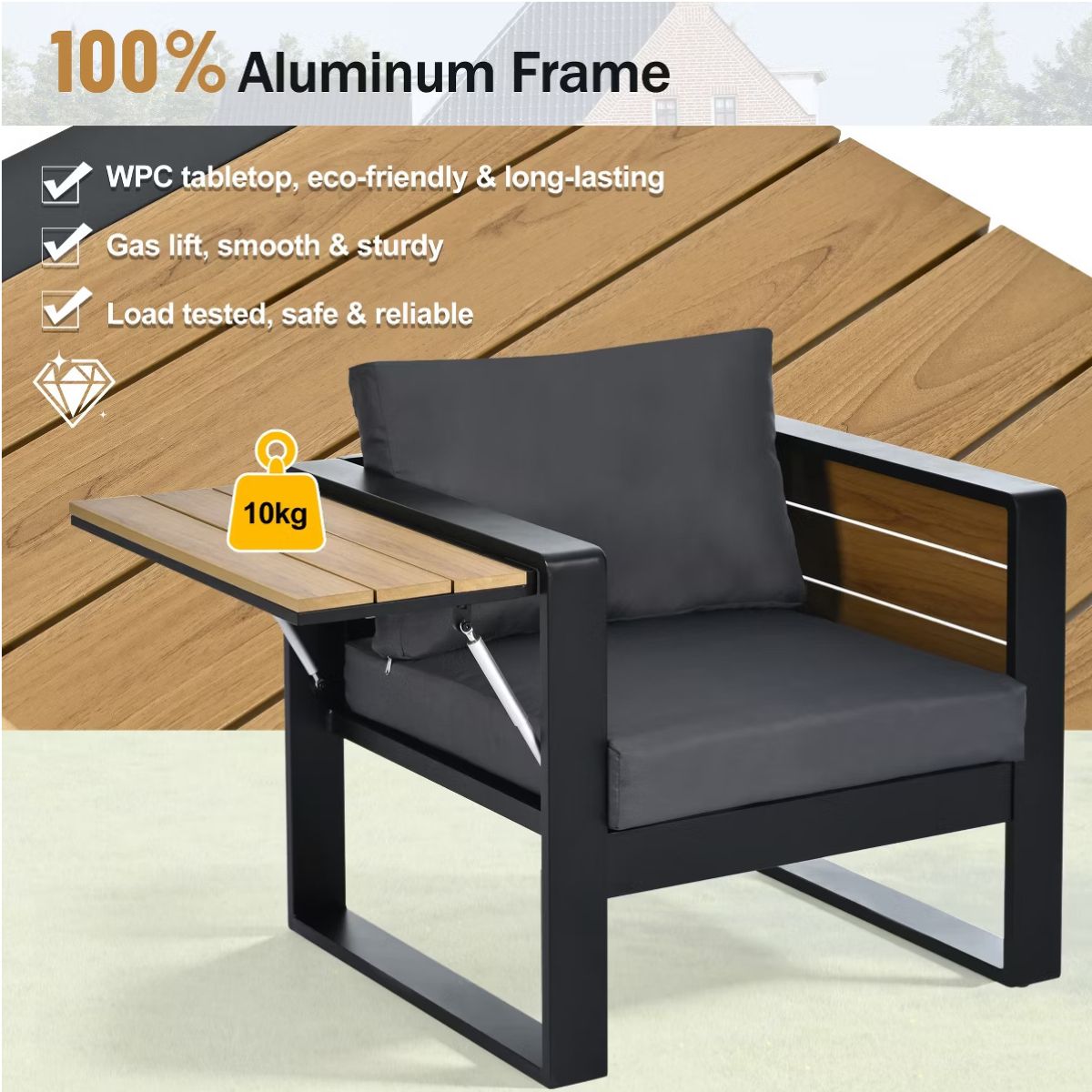 Aluminum Patio Conversation Set with Fold-Out Side Tables, 5-Person Outdoor Lounge