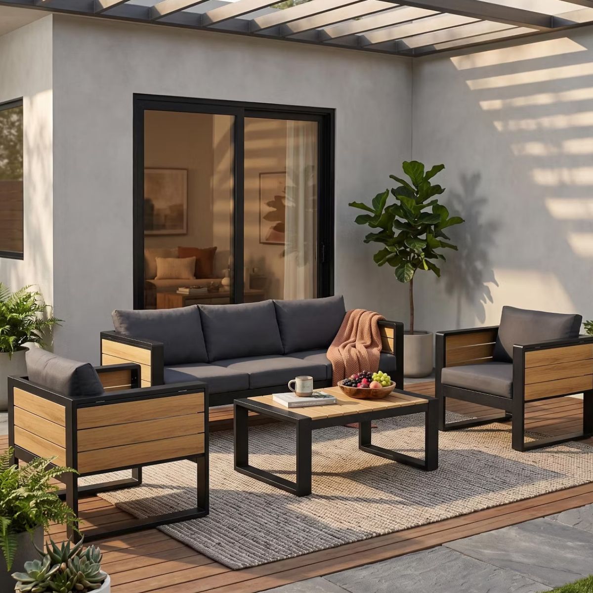 Aluminum Patio Conversation Set with Fold-Out Side Tables, 5-Person Outdoor Lounge
