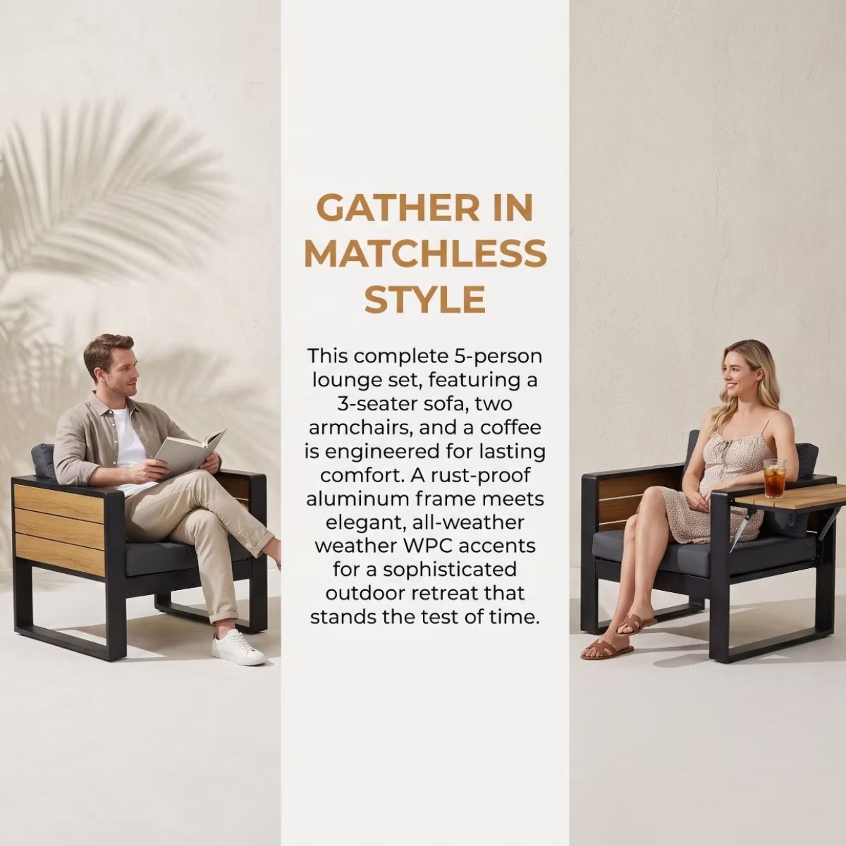 Aluminum Patio Conversation Set with Fold-Out Side Tables, 5-Person Outdoor Lounge