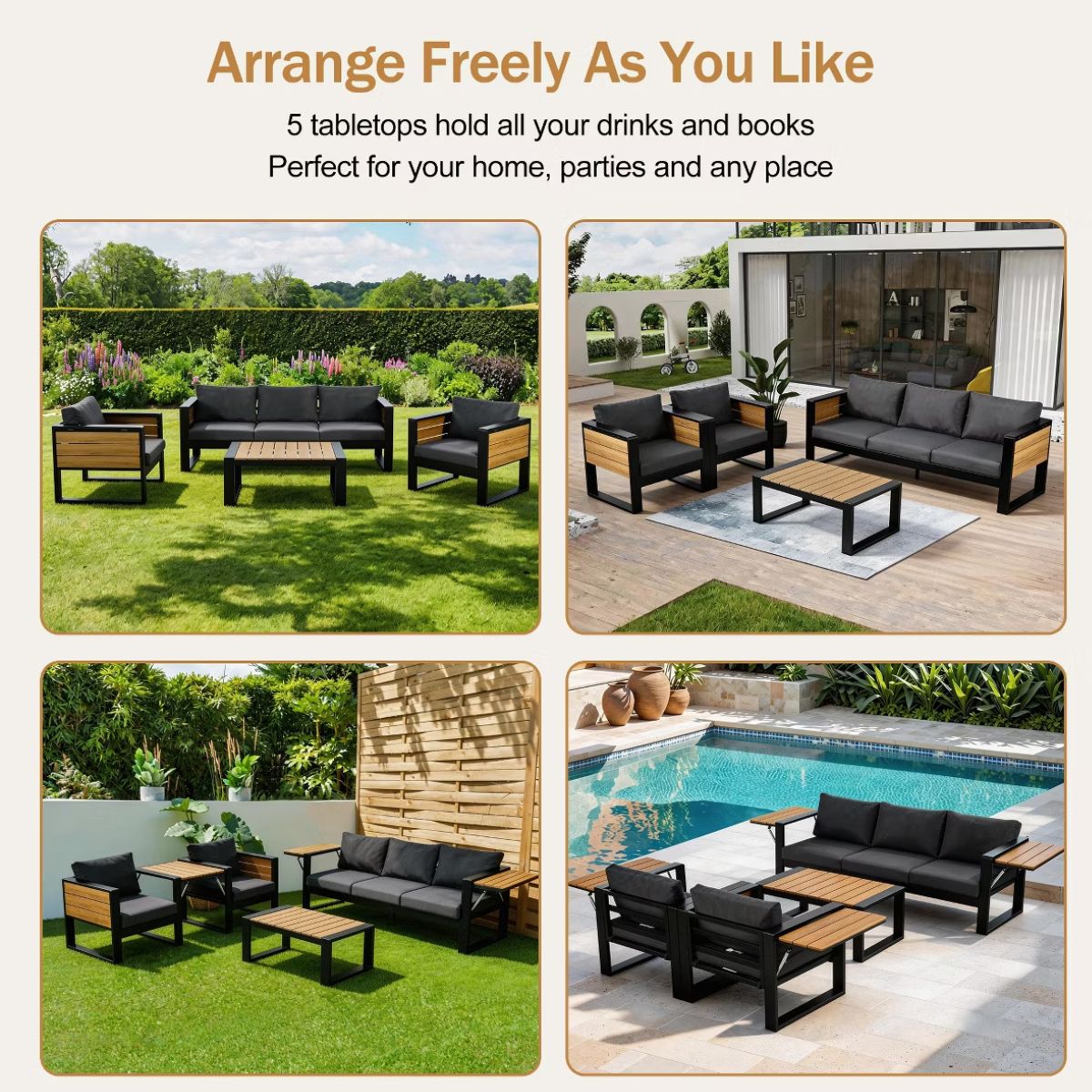 Aluminum Patio Conversation Set with Fold-Out Side Tables, 5-Person Outdoor Lounge