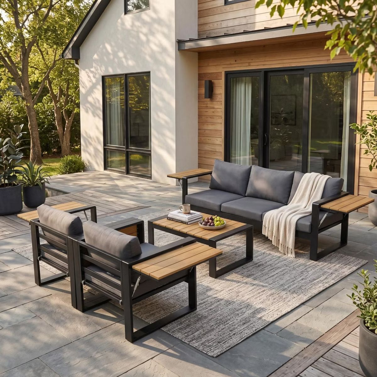 Aluminum Patio Conversation Set with Fold-Out Side Tables, 5-Person Outdoor Lounge