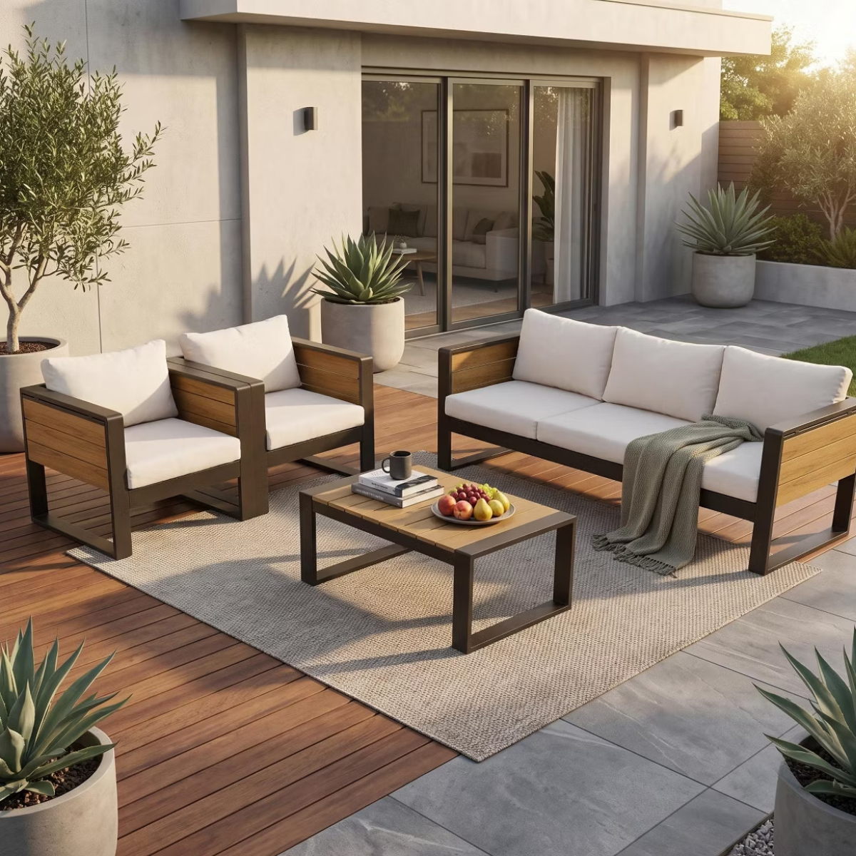 Aluminum Patio Conversation Set with Fold-Out Side Tables, 5-Person Outdoor Lounge