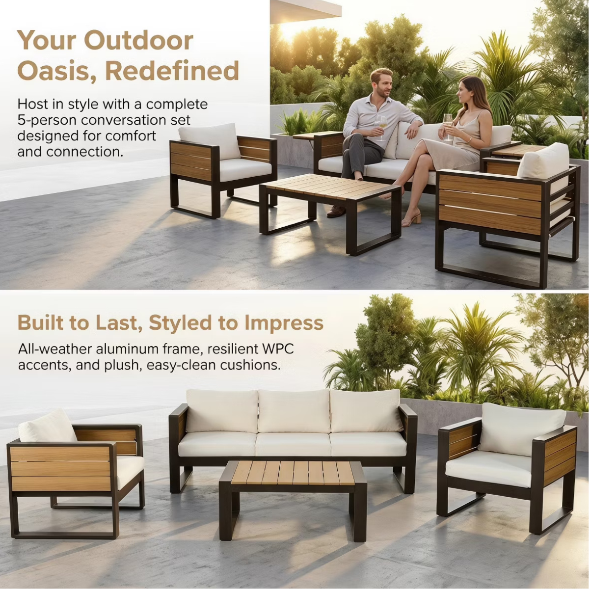 Aluminum Patio Conversation Set with Fold-Out Side Tables, 5-Person Outdoor Lounge