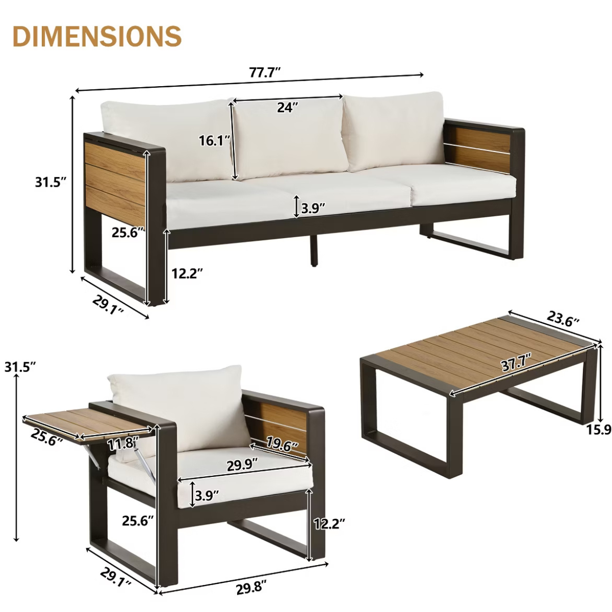 Aluminum Patio Conversation Set with Fold-Out Side Tables, 5-Person Outdoor Lounge