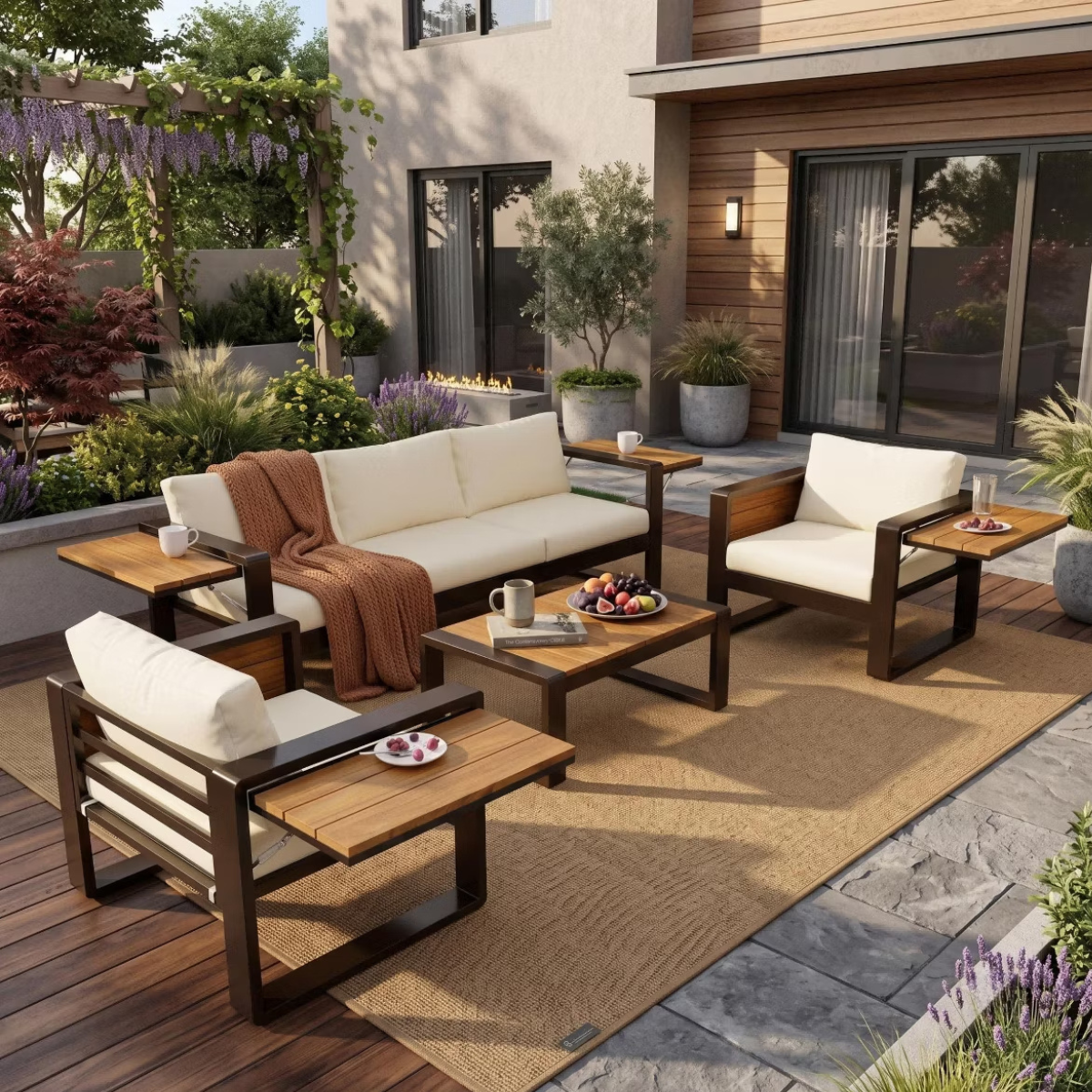 Aluminum Patio Conversation Set with Fold-Out Side Tables, 5-Person Outdoor Lounge