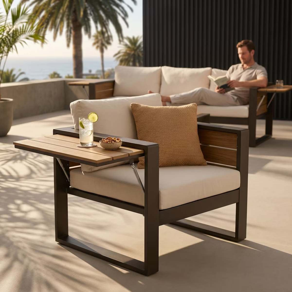 Aluminum Patio Conversation Set with Fold-Out Side Tables, 5-Person Outdoor Lounge