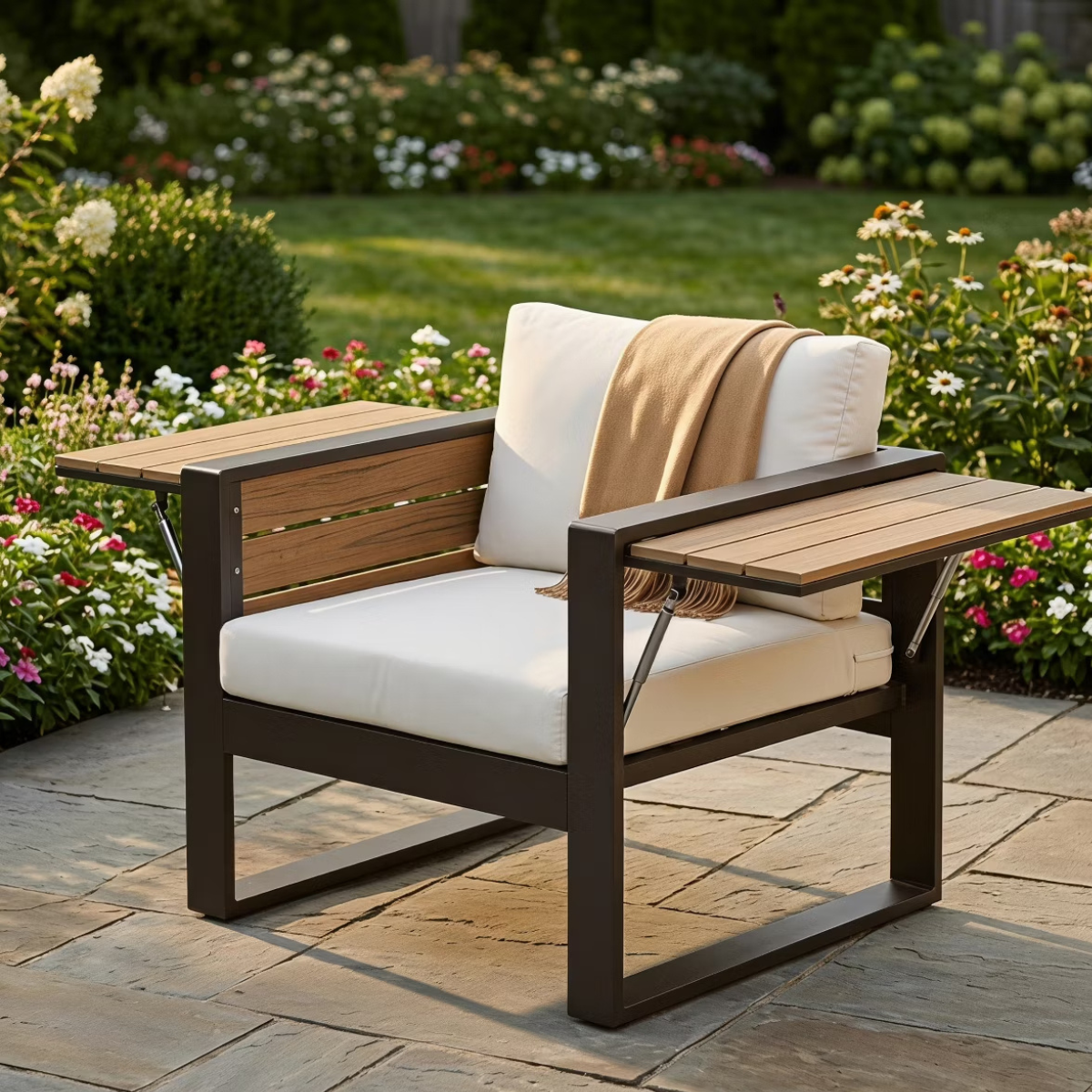 Aluminum Patio Conversation Set with Fold-Out Side Tables, 5-Person Outdoor Lounge