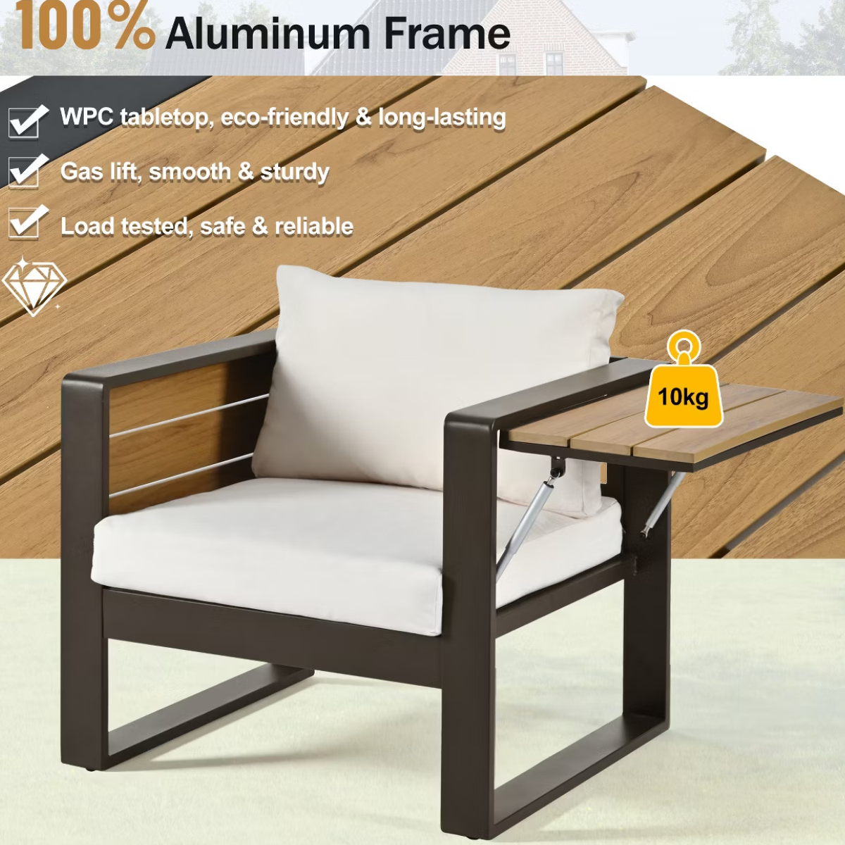 Aluminum Patio Conversation Set with Fold-Out Side Tables, 5-Person Outdoor Lounge