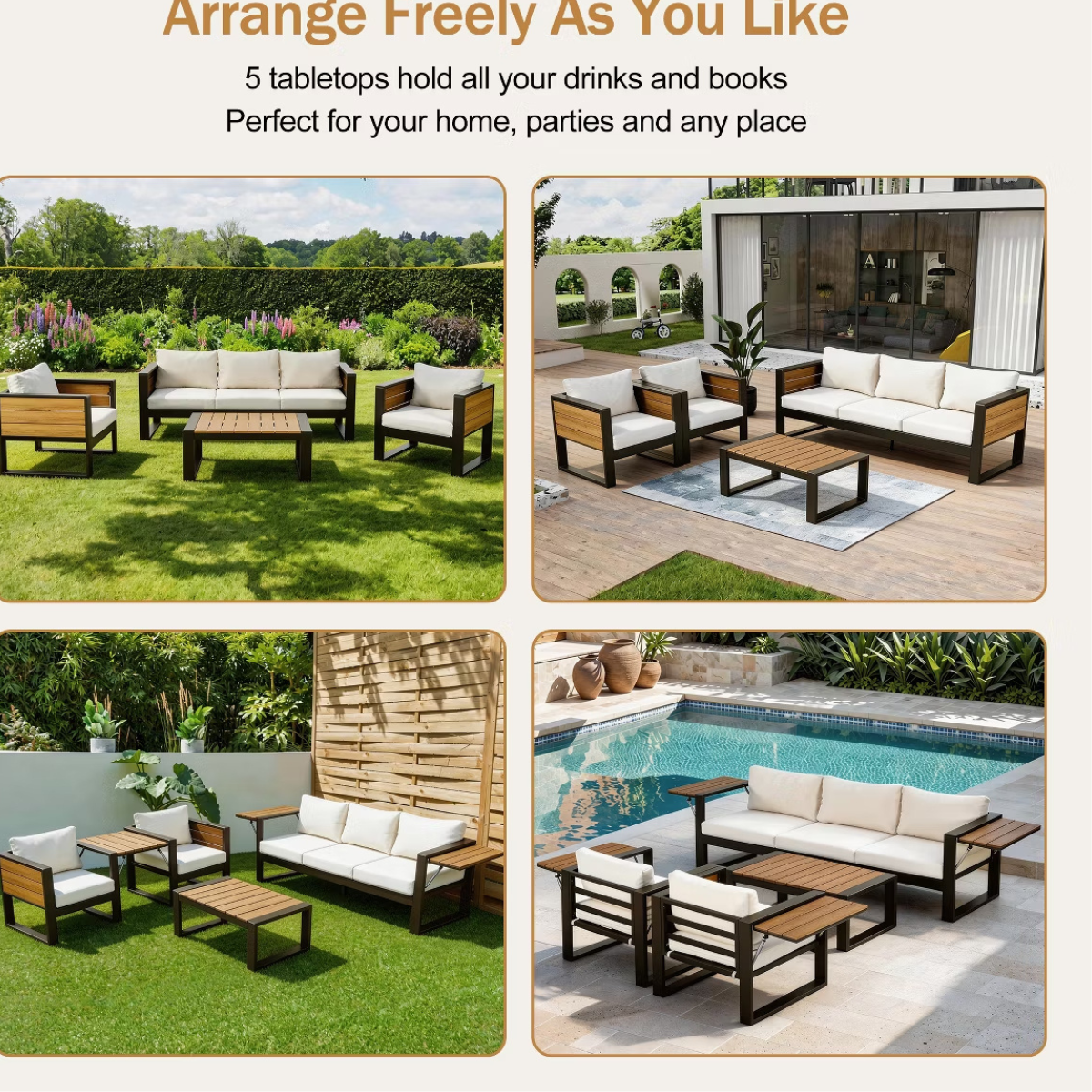 Aluminum Patio Conversation Set with Fold-Out Side Tables, 5-Person Outdoor Lounge