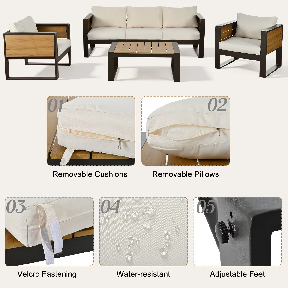 Aluminum Patio Conversation Set with Fold-Out Side Tables, 5-Person Outdoor Lounge