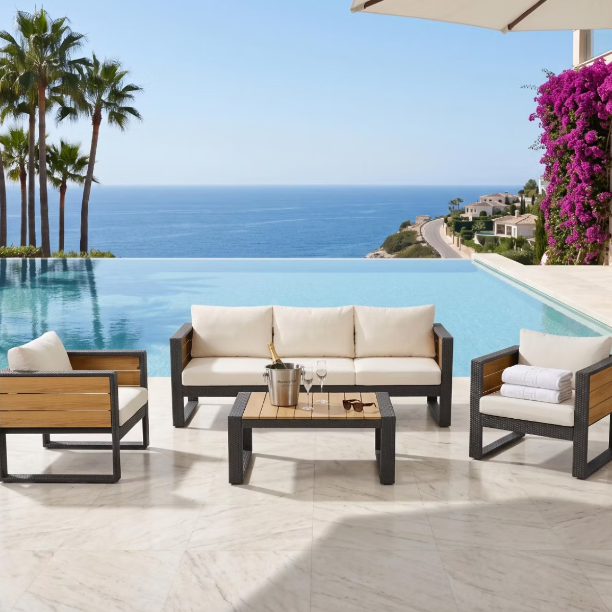 Aluminum Patio Conversation Set with Fold-Out Side Tables, 5-Person Outdoor Lounge