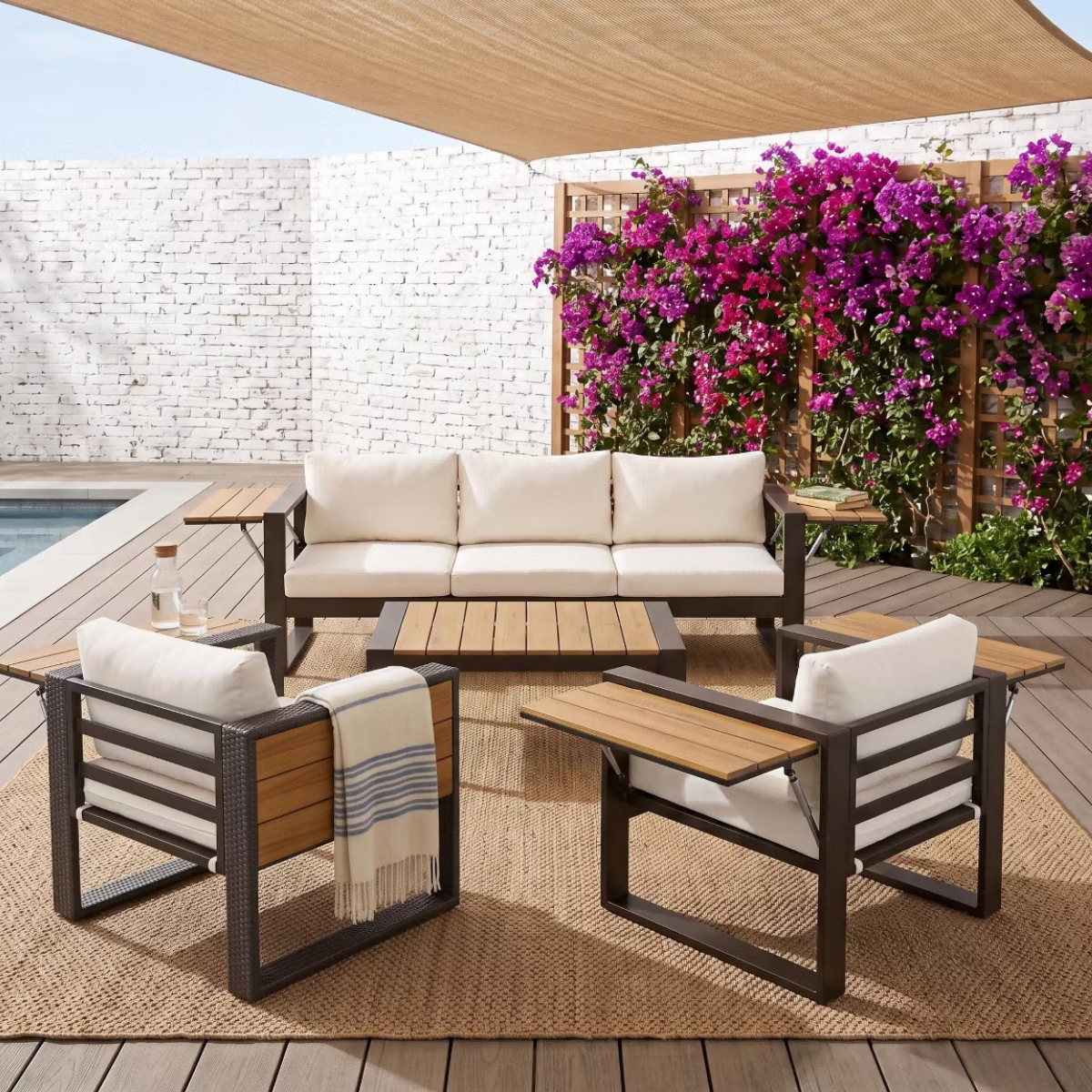 Aluminum Patio Conversation Set with Fold-Out Side Tables, 5-Person Outdoor Lounge