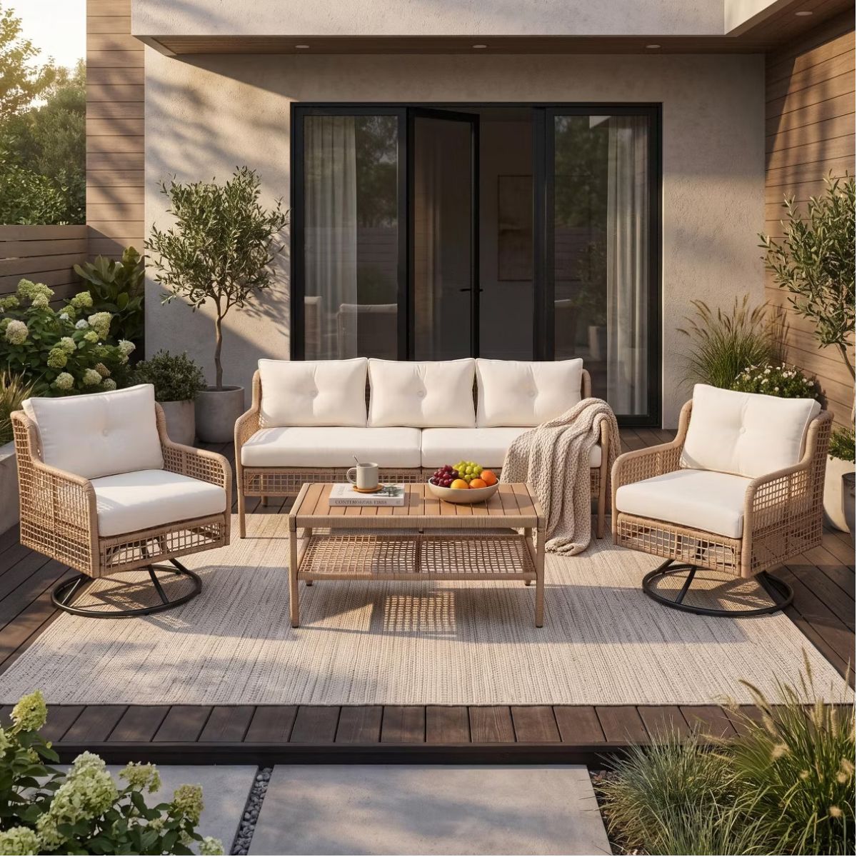 5-Piece Outdoor Wicker Conversation Set with Swivel Rocking Chairs