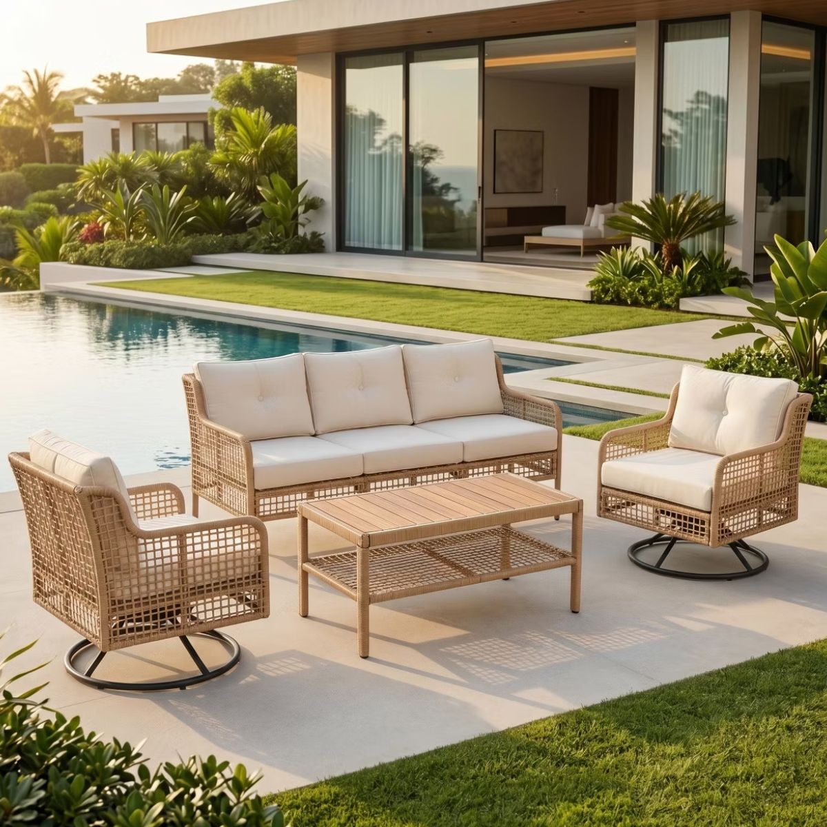 5-Piece Outdoor Wicker Conversation Set with Swivel Rocking Chairs