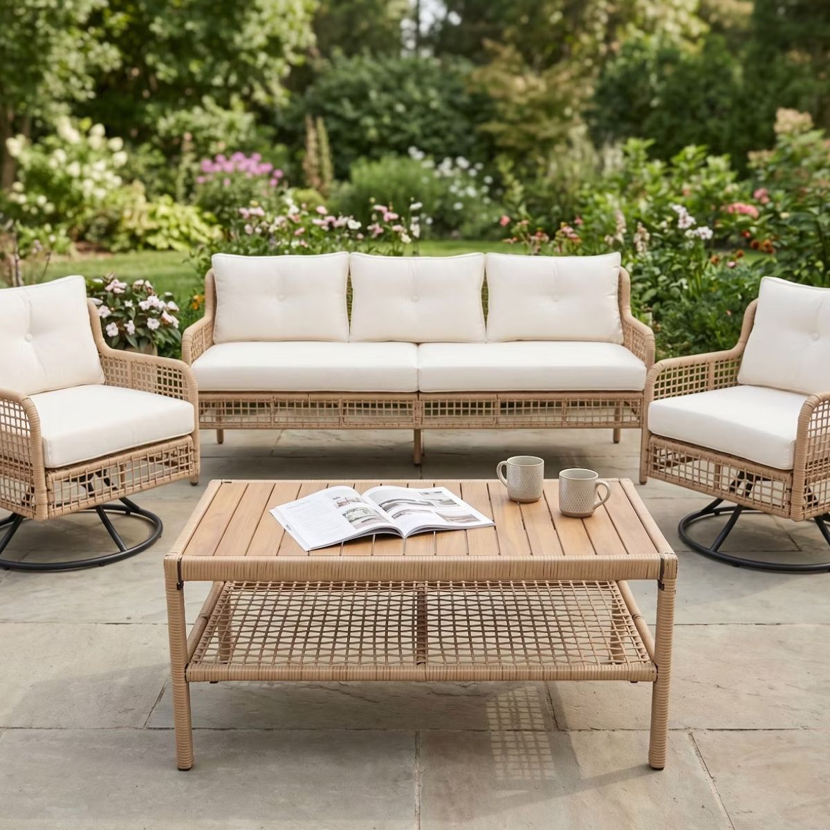5-Piece Outdoor Wicker Conversation Set with Swivel Rocking Chairs