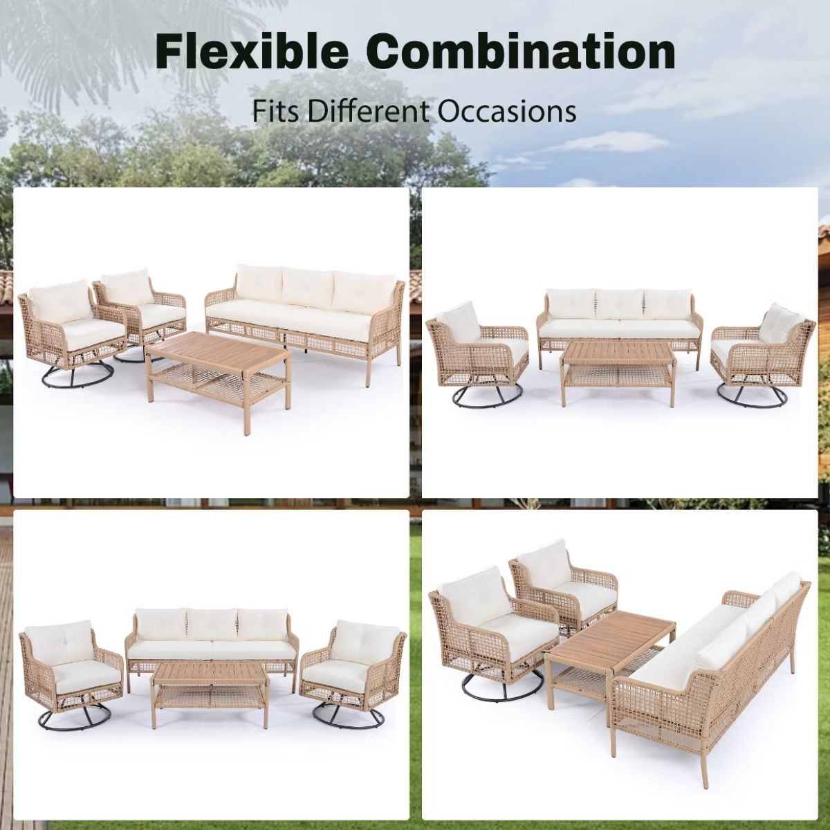 5-Piece Outdoor Wicker Conversation Set with Swivel Rocking Chairs