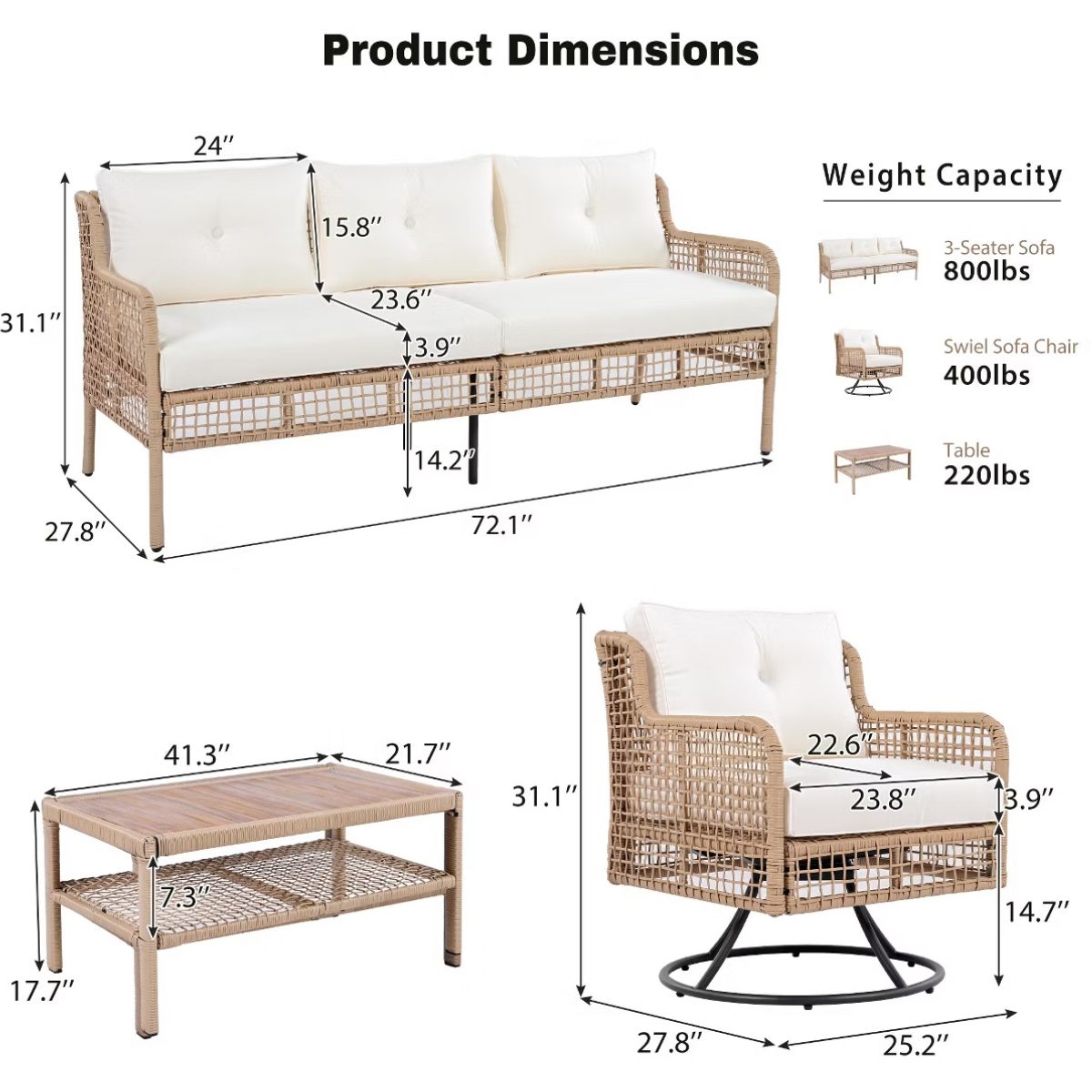 5-Piece Outdoor Wicker Conversation Set with Swivel Rocking Chairs