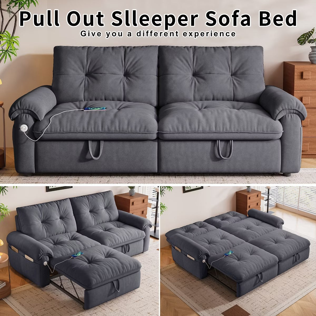 Sleeper Sofa Bed 77" with Pull-Out Steel Frame, USB Port and 600-Lb Capacity