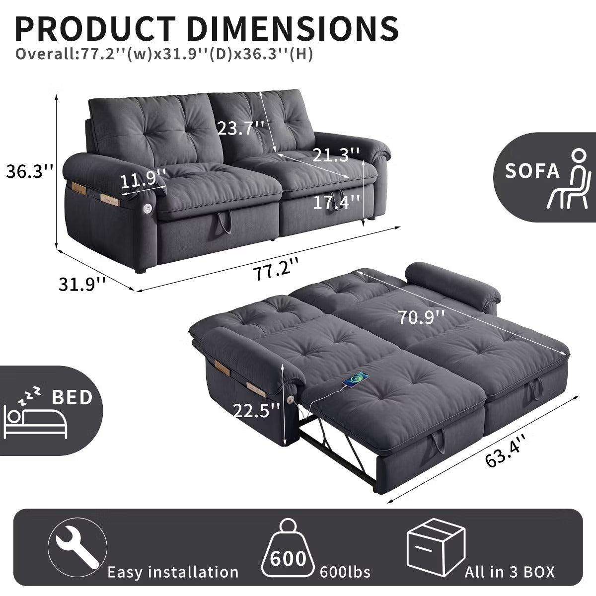 Sleeper Sofa Bed 77" with Pull-Out Steel Frame, USB Port and 600-Lb Capacity