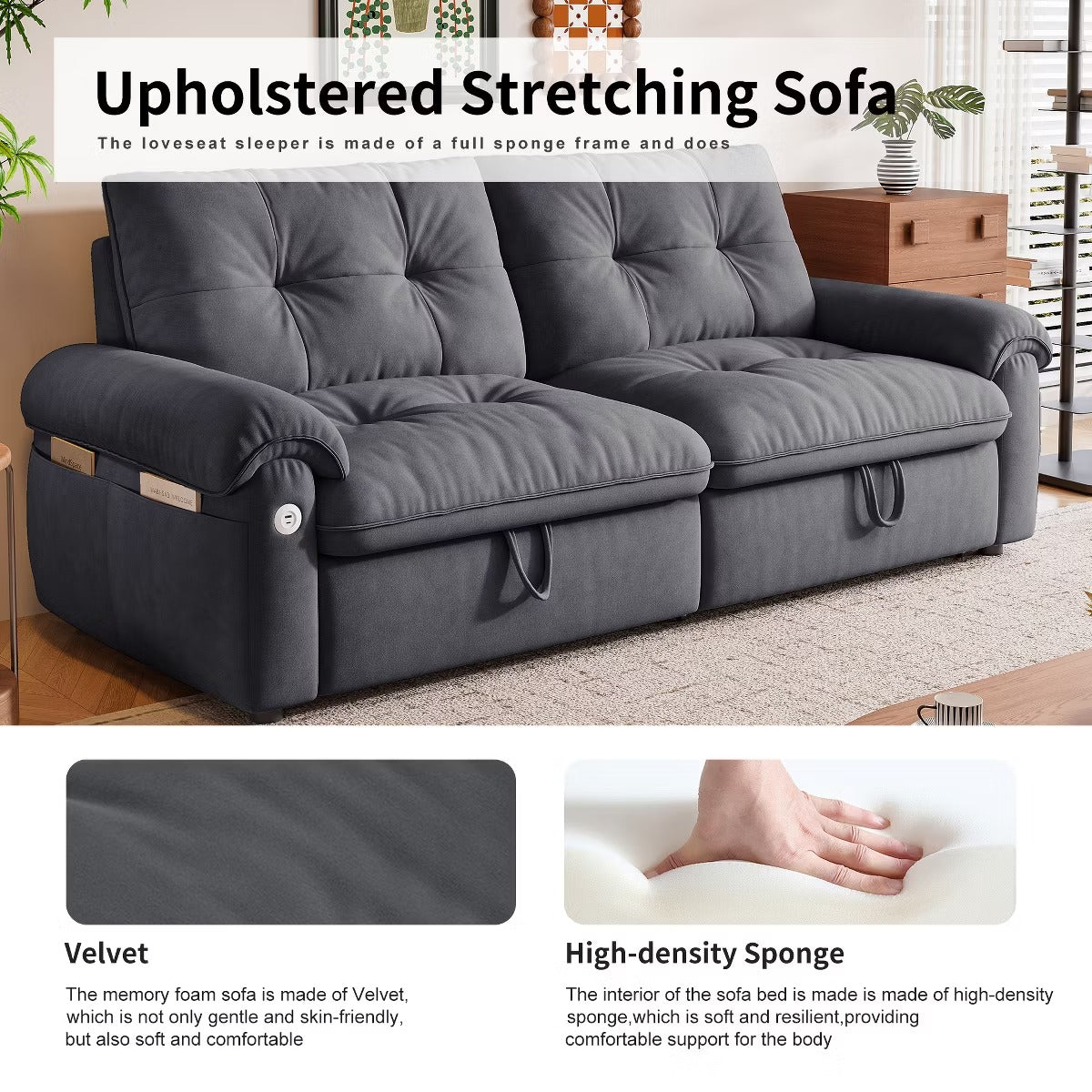 Sleeper Sofa Bed 77" with Pull-Out Steel Frame, USB Port and 600-Lb Capacity