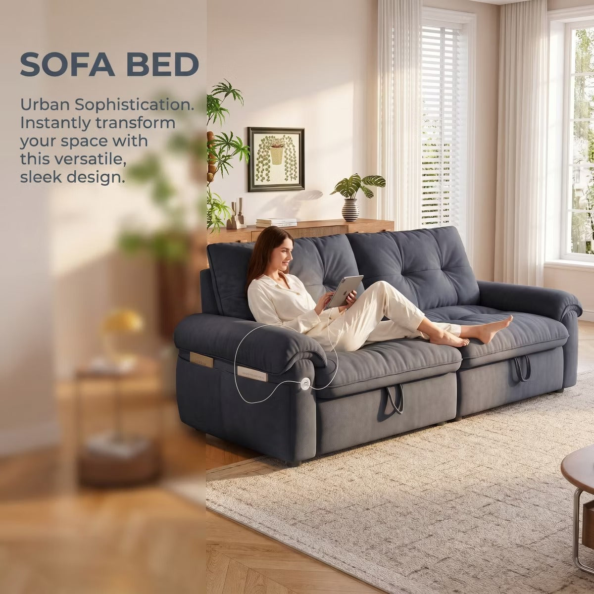 Sleeper Sofa Bed 77" with Pull-Out Steel Frame, USB Port and 600-Lb Capacity