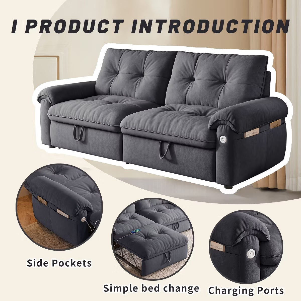 Sleeper Sofa Bed 77" with Pull-Out Steel Frame, USB Port and 600-Lb Capacity